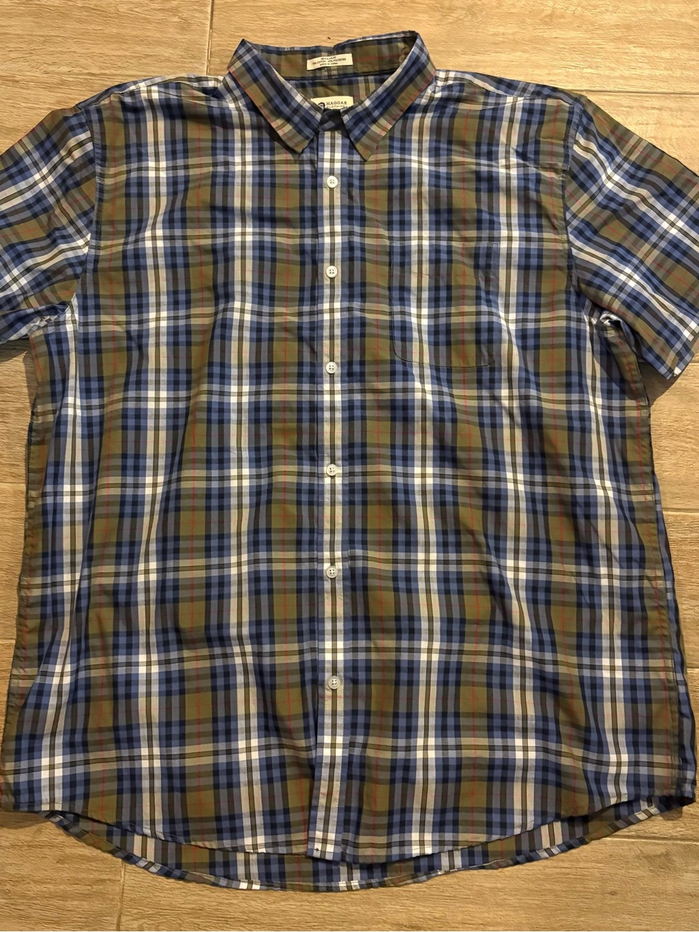 Haggar Men's Plaid Short Sleeve Button-Up Shirt Regular Fit 2XL Blue Green